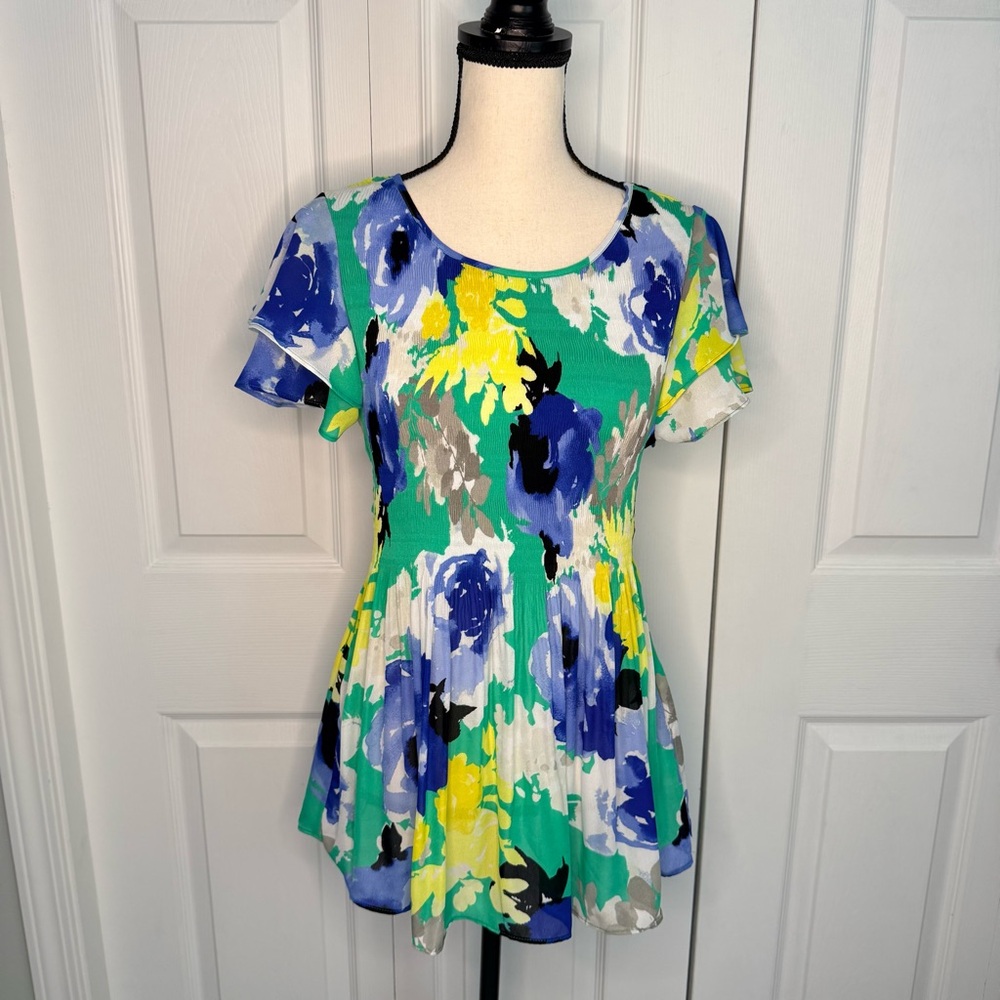 KEREN hart‎ Blue and Green Smocked Flutter Sleeve Floral Blouse Large